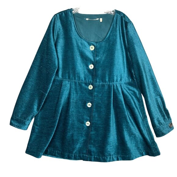 Soft Surroundings Chenille Velvet Button Down Tunic Top Large Peplum Teal Artsy - Picture 8 of 11